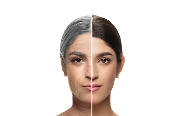 Image showing Comparison. Portrait of beautiful woman with problem and clean skin, aging and youth concept, beauty treatment and lifting.