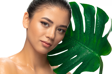 Image showing Close up young woman\'s portrait with monstera leaf on white background. Cosmetics and makeup, natural and eco treatment, skin care.