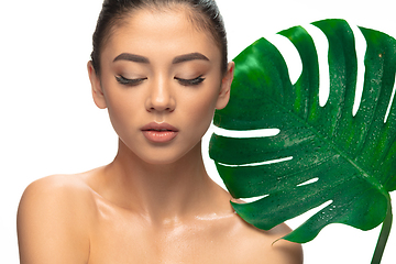 Image showing Close up young woman\'s portrait with monstera leaf on white background. Cosmetics and makeup, natural and eco treatment, skin care.