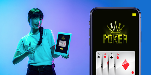 Image showing Online gambling, casino concept. Young asian woman holding devices with lottery, casino cover in neon light