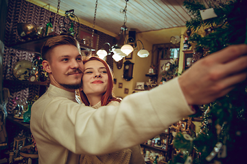 Image showing Smiling family, couple looking for home decoration and holiday\'s gifts in household store