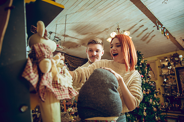 Image showing Smiling family, couple looking for home decoration and holiday\'s gifts in household store