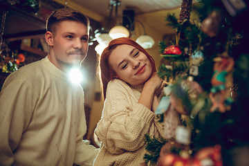 Image showing Smiling family, couple looking for home decoration and holiday\'s gifts in household store