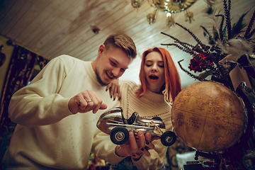 Image showing Smiling family, couple looking for home decoration and holiday\'s gifts in household store