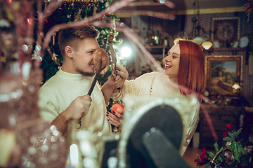 Image showing Smiling family, couple looking for home decoration and holiday\'s gifts in household store