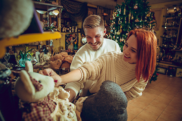 Image showing Smiling family, couple looking for home decoration and holiday\'s gifts in household store