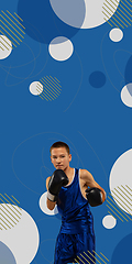 Image showing MMA. The professional boxer boxing isolated on blue studio background with geometric design, vertical flyer