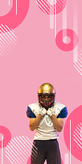 Image showing American football player isolated on pink geometric styled studio background, vertical flyer