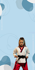 Image showing Karate, taekwondo girl with black belt isolated on blue background with geometric design, vertical flyer