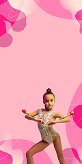 Image showing Little caucasian girl, rhytmic gymnast training, performing on pink studio background with geometric design. Vertical flyer