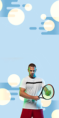 Image showing Man playing tennis isolated on blue geometric styled studio background in neon light, vertical flyer