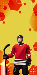 Image showing Male hockey player with the stick on orange-red geometric styled background, vertical flyer.