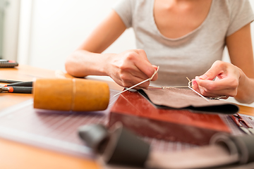 Image showing Making leather bag at home