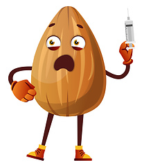 Image showing Almond with a injection in his hand, illustration, vector on whi