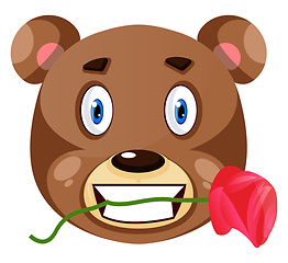 Image showing Bear is holding rose in his mouth, illustration, vector on white