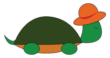 Image showing A cute turtle in a brown summer hat set on isolated white backgr