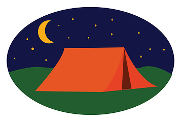 Image showing A landscape of a campsite with a brown tent over green grassland