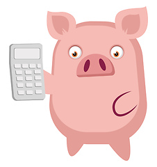 Image showing Piggy is holding a calculator, illustration, vector on white bac