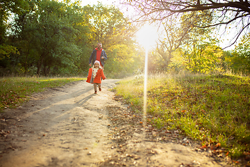 Image showing Happy father and little cute daughter walking down the forest path in autumn sunny day