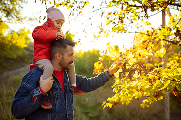 Image showing Happy father and little cute daughter walking down the forest path in autumn sunny day