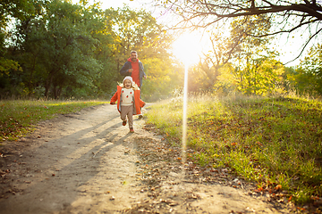 Image showing Happy father and little cute daughter walking down the forest path in autumn sunny day