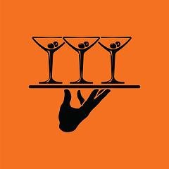 Image showing Waiter hand holding tray with martini glasses icon