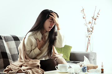 Image showing Woman wrapped in a plaid looks sick, ill, sneezing and coughing sitting at home indoors