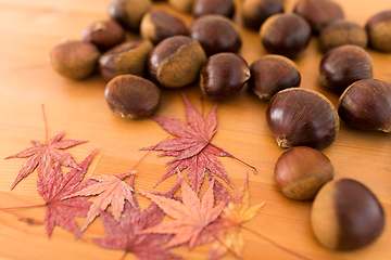 Image showing Heap of Chestnuts and maple leaves