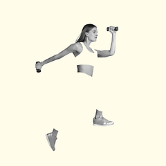 Image showing Young caucasian sportswoman isolated on studio background, modern artwork. Healthy lifestyle, movement, action, motion, advertising and sports concept. Abstract design.