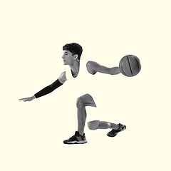 Image showing Young caucasian sportsman isolated on studio background, modern artwork. Healthy lifestyle, movement, action, motion, advertising and sports concept. Abstract design.