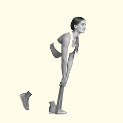 Image showing Young caucasian sportswoman isolated on studio background, modern artwork. Healthy lifestyle, movement, action, motion, advertising and sports concept. Abstract design.