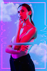 Image showing Beauty and fashion concept. Trendy neon light and gradient background. Modern design. Contemporary art collage.