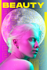 Image showing Beauty and fashion concept. Trendy neon light and gradient background. Modern design. Contemporary art collage.