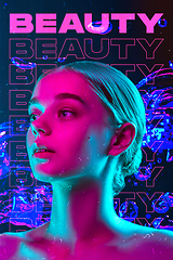 Image showing Beauty and fashion concept. Trendy neon light and gradient background. Modern design. Contemporary art collage.