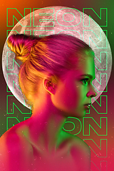 Image showing Beauty and fashion concept. Trendy neon light and gradient background. Modern design. Contemporary art collage.