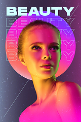 Image showing Beauty and fashion concept. Trendy neon light and gradient background. Modern design. Contemporary art collage.