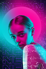 Image showing Beauty and fashion concept. Trendy neon light and gradient background. Modern design. Contemporary art collage.