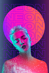 Image showing Beauty and fashion concept. Trendy neon light and gradient background. Modern design. Contemporary art collage.