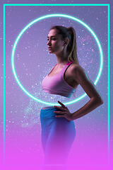 Image showing Beauty and fashion concept. Trendy neon light and gradient background. Modern design. Contemporary art collage.