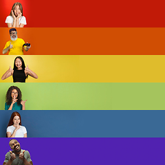 Image showing Collage of portraits of multiethnic, mixed age group of people forming a pride flag