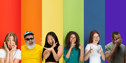 Image showing Collage of portraits of multiethnic, mixed age group of people forming a pride flag