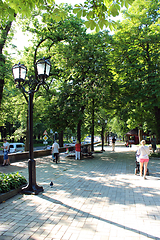 Image showing People have a rest in park with greater trees