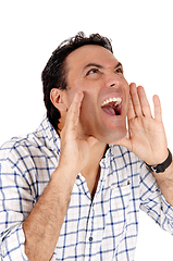 Image showing Caucasian man shouting with hands on mouth