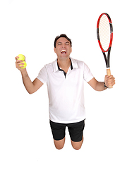 Image showing Tennis man kneeling on floor in victory