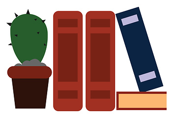 Image showing Image of books and cactus plant in a tub, vector or color illust