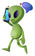 Image showing Alien with cellphone, illustration, vector on white background.