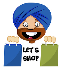 Image showing Muslim human emoji with shopping bags, illustration, vector on w