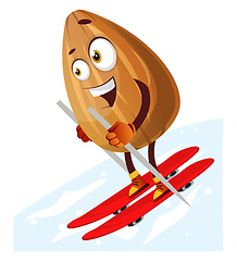 Image showing Happy almond skiing on red skis, illustration, vector on white b