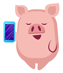 Image showing Piggy is holding a mobile phone, illustration, vector on white b
