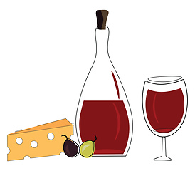 Image showing A color illustration of wine bottle and wine cup with snacks, ve